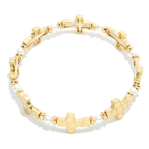 Hammered Metal East West Cross & Pearl Beaded Stretch Bracelet 

- Approximately 2.5' D