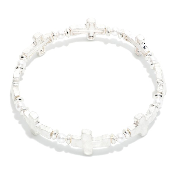 Hammered Metal East West Cross & Pearl Beaded Stretch Bracelet 

- Approximately 2.5' D