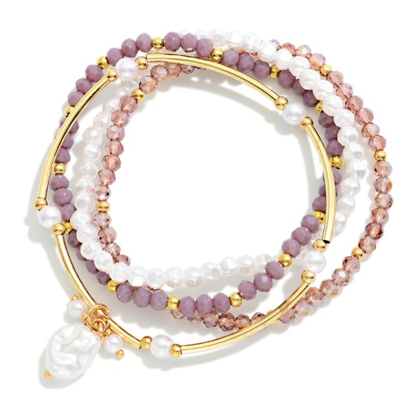 Set Of Four Beaded Stretch Bracelets Featuring Pearls, Metal Tone Tube Beads, & Faceted Beads 

- Approximately 2.5" D