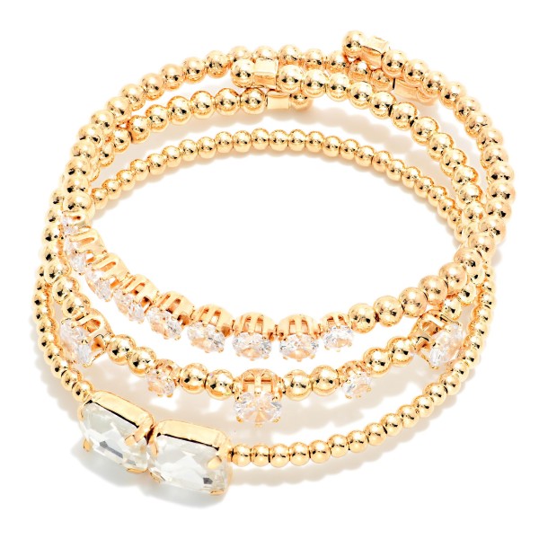 Set Of Three Metal Tone Bead & Cubic Zirconia Beaded Cuff Bracelets 

- Approximately 2" D