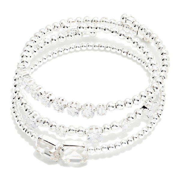Set Of Three Metal Tone Bead & Cubic Zirconia Beaded Cuff Bracelets 

- Approximately 2" D