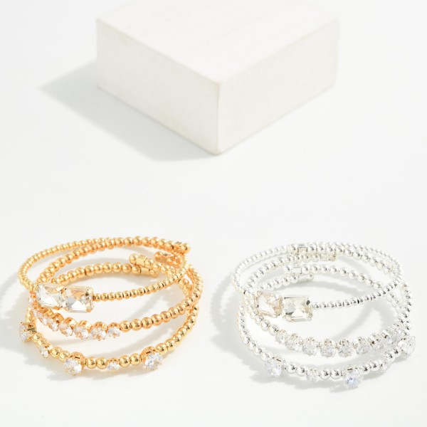 Set Of Three Metal Tone Bead & Cubic Zirconia Beaded Cuff Bracelets 

- Approximately 2" D