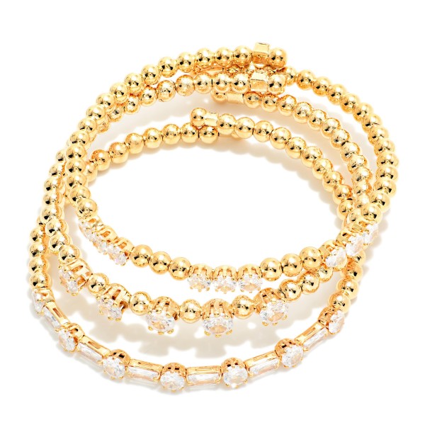 Set Of Three Metal Tone Bead & Cubic Zirconia Beaded Cuff Bracelets 

- Approximately 2" D