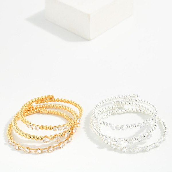 Set Of Three Metal Tone Bead & Cubic Zirconia Beaded Cuff Bracelets 

- Approximately 2" D