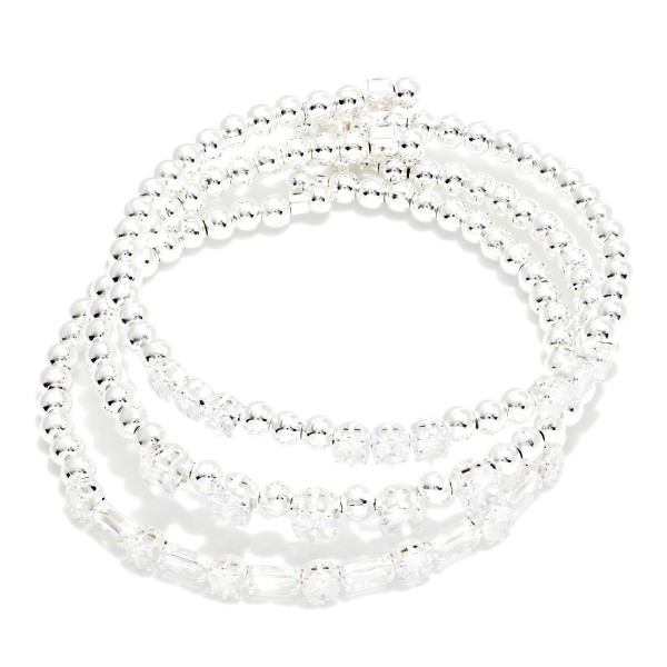 Set Of Three Metal Tone Bead & Cubic Zirconia Beaded Cuff Bracelets 

- Approximately 2" D