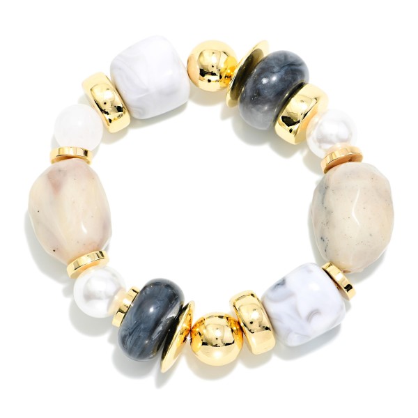 Marbled Acetate, Pearl, & Metal Tone Bead Beaded Stretch Bracelet 

- Approximately 3.5" D