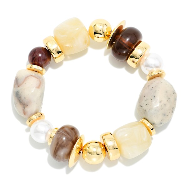 Marbled Acetate, Pearl, & Metal Tone Bead Beaded Stretch Bracelet 

- Approximately 3.5" D