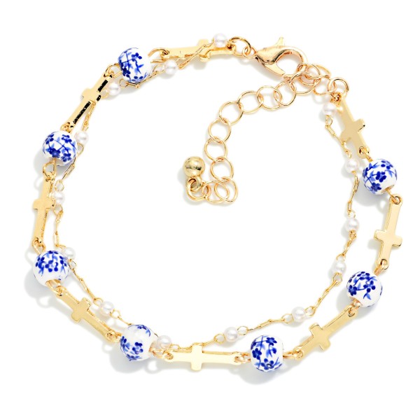 Chinoiserie Bead & Metal Tone Cross Beaded Chain Link Necklace 

- Approximately 2.5" D
- Extender 2" L