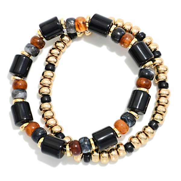 Set Of Two Beaded Stretch Bracelets Featuring Metal Tones & Marbled Acetate Cylinders 

- Approximately 2.5" D