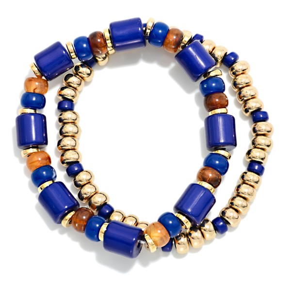 Set Of Two Beaded Stretch Bracelets Featuring Metal Tones & Marbled Acetate Cylinders 

- Approximately 2.5" D