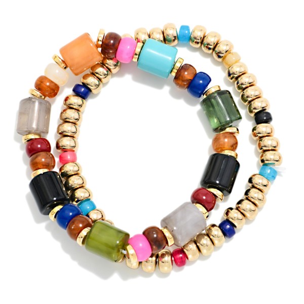 Set Of Two Beaded Stretch Bracelets Featuring Metal Tones & Marbled Acetate Cylinders 

- Approximately 2.5" D