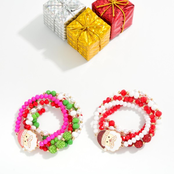 Set Of 5 Christmas Beaded Stretch Bracelets Featuring Faceted Beads, Pearls, & Glitter Santa 

- Approximately 3.5" D