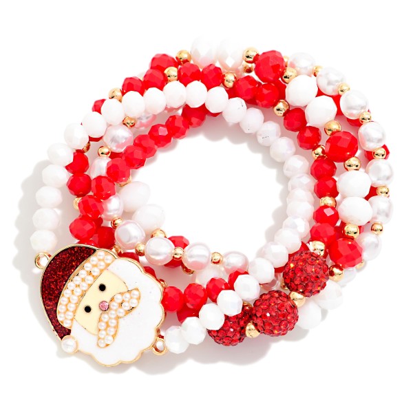 Set Of 5 Christmas Beaded Stretch Bracelets Featuring Faceted Beads, Pearls, & Glitter Santa 

- Approximately 3.5" D