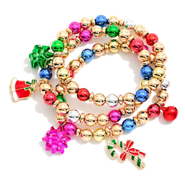 Set Of Three Metallic Beaded Bracelets Featuring Enamel Christmas Charms & Present Bows 

- Approximately 3.5" D
