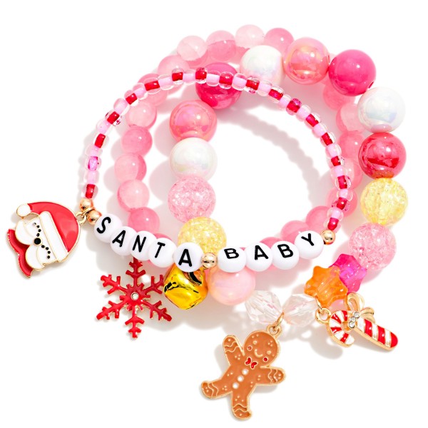 Set Of Three Multi Bead Beaded Bracelets Featuring Enamel Christmas Charms & Jingle Bells 

- Approximately 3.5" D