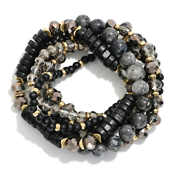Set Of 6 Beaded Stretch Bracelets Featuring Faceted, Stone, & Metal Tone Disk Beads

- Approximately 3" D