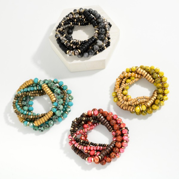 Set Of 6 Beaded Stretch Bracelets Featuring Faceted, Stone, & Metal Tone Disk Beads

- Approximately 3" D