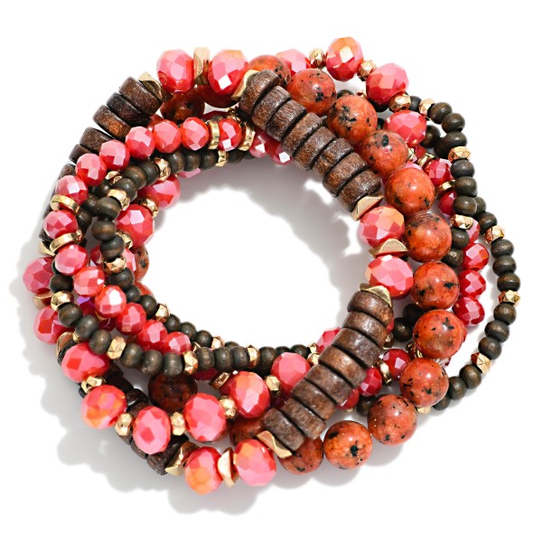 Set Of 6 Beaded Stretch Bracelets Featuring Faceted, Stone, & Metal Tone Disk Beads

- Approximately 3" D
