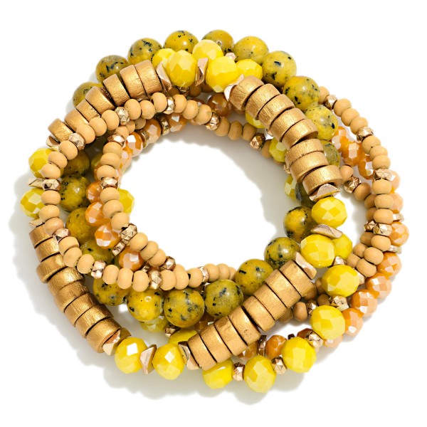 Set Of 6 Beaded Stretch Bracelets Featuring Faceted, Stone, & Metal Tone Disk Beads

- Approximately 3" D