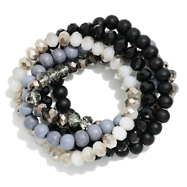 Set Of 4 Beaded Stretch Bracelets Featuring Faceted & Wood Beads 

- Approximately 3" D
