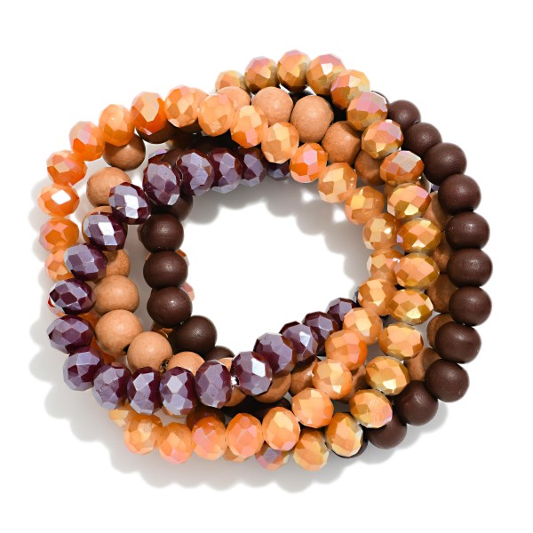 Set Of 4 Beaded Stretch Bracelets Featuring Faceted & Wood Beads 

- Approximately 3" D