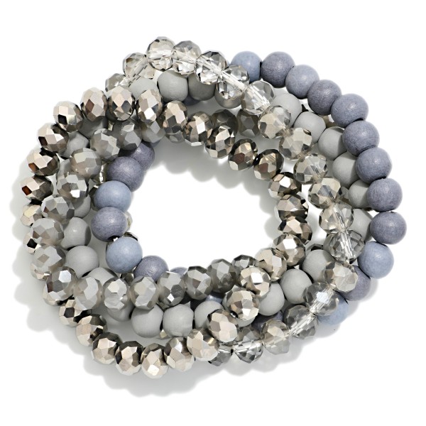 Set Of 4 Beaded Stretch Bracelets Featuring Faceted & Wood Beads 

- Approximately 3" D