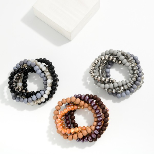 Set Of 4 Beaded Stretch Bracelets Featuring Faceted & Wood Beads 

- Approximately 3" D