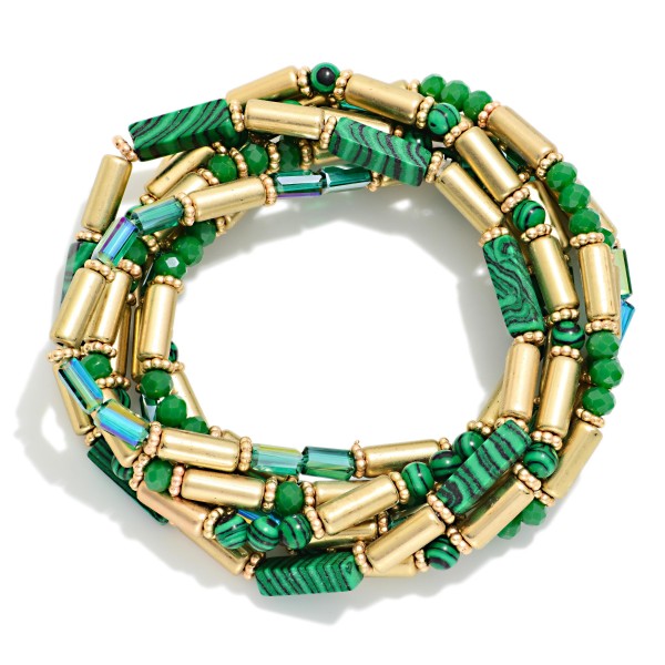 Set Of 7 Metal Tone & Marbled Tube Bead Beaded Stretch Bracelets 

- Approximately 3" D