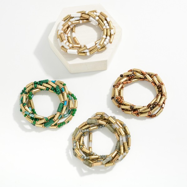 Set Of 7 Metal Tone & Marbled Tube Bead Beaded Stretch Bracelets 

- Approximately 3" D