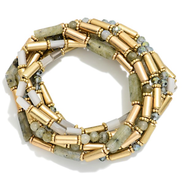 Set Of 7 Metal Tone & Marbled Tube Bead Beaded Stretch Bracelets 

- Approximately 3" D