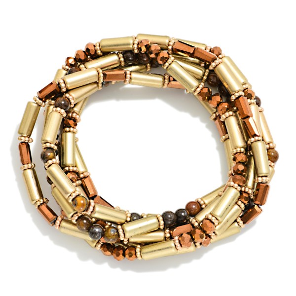 Set Of 7 Metal Tone & Marbled Tube Bead Beaded Stretch Bracelets 

- Approximately 3" D
