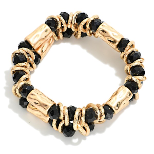 Layered Beaded Stretch Bracelet Featuring Faceted Beads, Metal Tone Hoops, & Hammered Metal Cylinder Beads 

- Approximately 2" D