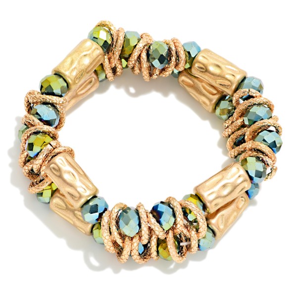 Layered Beaded Stretch Bracelet Featuring Faceted Beads, Metal Tone Hoops, & Hammered Metal Cylinder Beads 

- Approximately 2" D