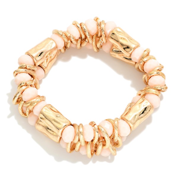Layered Beaded Stretch Bracelet Featuring Faceted Beads, Metal Tone Hoops, & Hammered Metal Cylinder Beads 

- Approximately 2" D