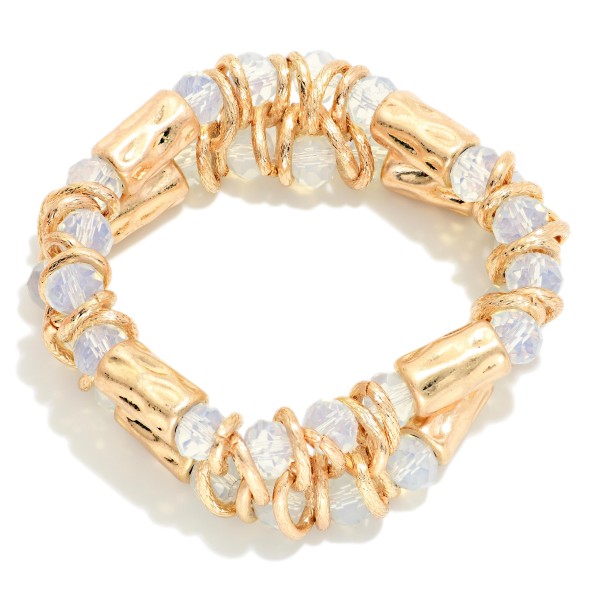 Layered Beaded Stretch Bracelet Featuring Faceted Beads, Metal Tone Hoops, & Hammered Metal Cylinder Beads 

- Approximately 2" D