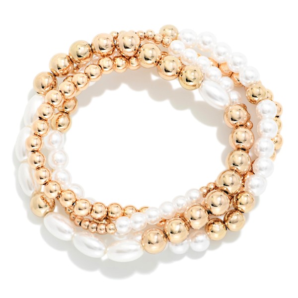 Set Of 4 Metal Tone & Pearl Beaded Stretch Bracelets 

- Approximately 2.5" D