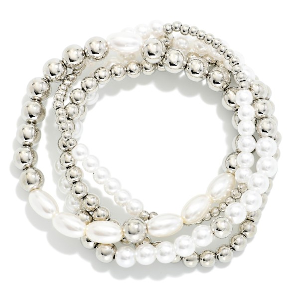 Set Of 4 Metal Tone & Pearl Beaded Stretch Bracelets 

- Approximately 2.5" D