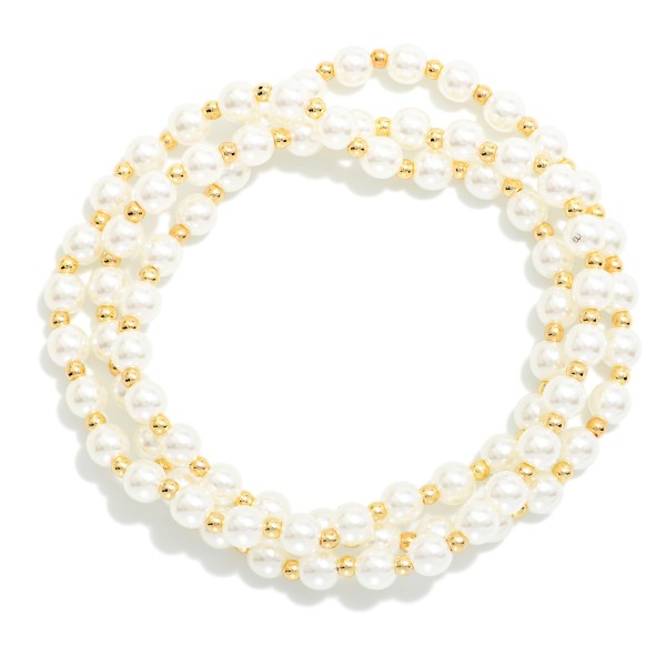 Set Of Three Petite Pearl & Metal Tone Beaded Stretch Bracelets 

- Approximately 2.5" D