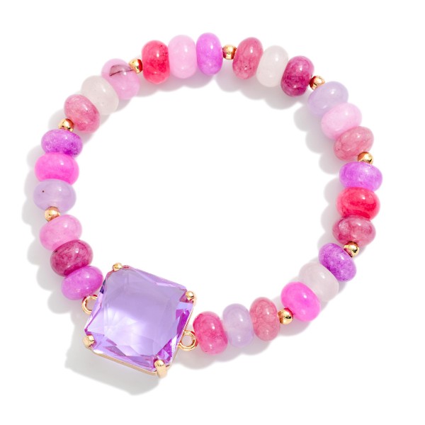 Beaded Crystal Stretch Bracelet strung with faceted rondelle beads in a blended mix and centered with a square cut crystal in a prong setting. The stretch fit slips right on and stacks easily with other bracelets. Pair it with the matching beaded pendant necklace for an easy gift set. A sparkly, giftable piece that sells well when several colorways are displayed together.