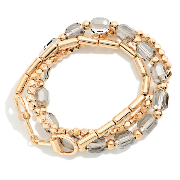 Chain and Bead Bracelet Set combining a polished link chain bracelet with stretch strands of faceted glass beads and metal accents. The mix of chain and beads creates an effortless, collected stack in one purchase. Easy to wear together or apart. A versatile, giftable set that pairs with everyday outfits and sells well alongside watches and bangles.