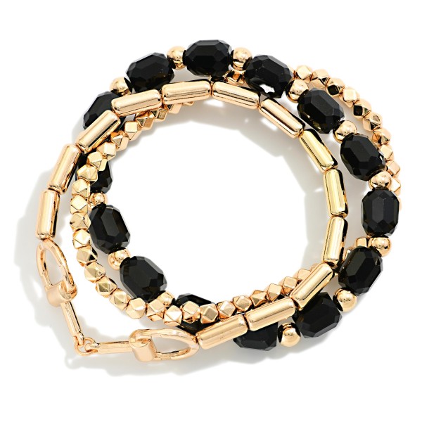 Chain and Bead Bracelet Set combining a polished link chain bracelet with stretch strands of faceted glass beads and metal accents. The mix of chain and beads creates an effortless, collected stack in one purchase. Easy to wear together or apart. A versatile, giftable set that pairs with everyday outfits and sells well alongside watches and bangles.