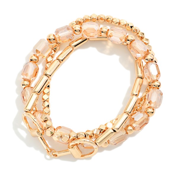 Chain and Bead Bracelet Set combining a polished link chain bracelet with stretch strands of faceted glass beads and metal accents. The mix of chain and beads creates an effortless, collected stack in one purchase. Easy to wear together or apart. A versatile, giftable set that pairs with everyday outfits and sells well alongside watches and bangles.