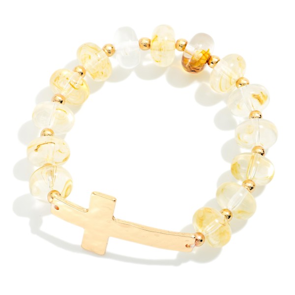 Sideways Cross Beaded Stretch Bracelet featuring faceted glass rondelle beads with a polished east west cross centerpiece. The glass beads have a soft sparkle that pairs with any bracelet stack. Comfortable stretch fit with no clasp. A subtle faith piece for everyday wear and a thoughtful gift for baptisms, confirmations, and Easter.