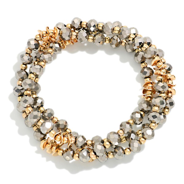 Faceted Bead Stretch Bracelet Set featuring sparkling faceted glass beads paired with polished metal disc spacers. Each bracelet slides on easily and can be worn together for a full stacked look or split up for lighter wear. The faceted beads catch the light from every angle. A giftable, ready made stack that makes it easy for customers to buy the whole look at once.