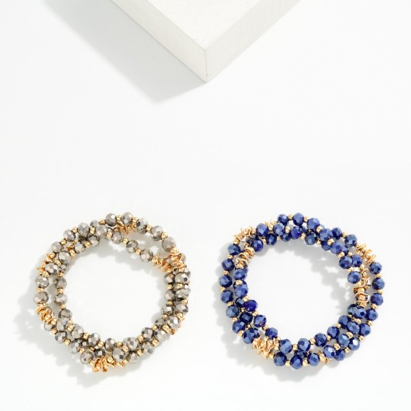 Faceted Bead Stretch Bracelet Set featuring sparkling faceted glass beads paired with polished metal disc spacers. Each bracelet slides on easily and can be worn together for a full stacked look or split up for lighter wear. The faceted beads catch the light from every angle. A giftable, ready made stack that makes it easy for customers to buy the whole look at once.