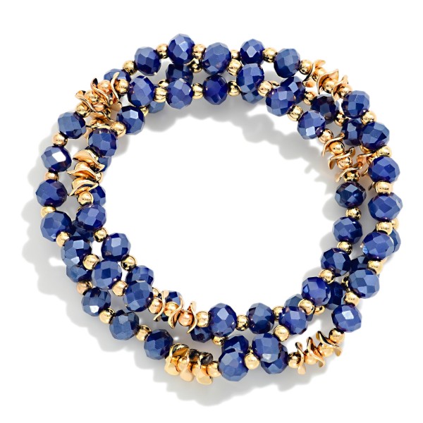 Faceted Bead Stretch Bracelet Set featuring sparkling faceted glass beads paired with polished metal disc spacers. Each bracelet slides on easily and can be worn together for a full stacked look or split up for lighter wear. The faceted beads catch the light from every angle. A giftable, ready made stack that makes it easy for customers to buy the whole look at once.