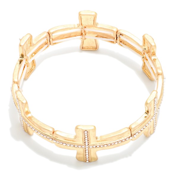 Mixed Metal Cross Stretch Bracelet featuring a series of cross links with a beaded inlay in a contrasting metal tone, strung on a comfortable stretch fit. Slides on easily with no clasp and sits flat on the wrist. A meaningful faith style that coordinates with the matching textured cross necklaces. Ideal for gifting at Easter, baptisms, and Christmas, and an easy everyday seller.
