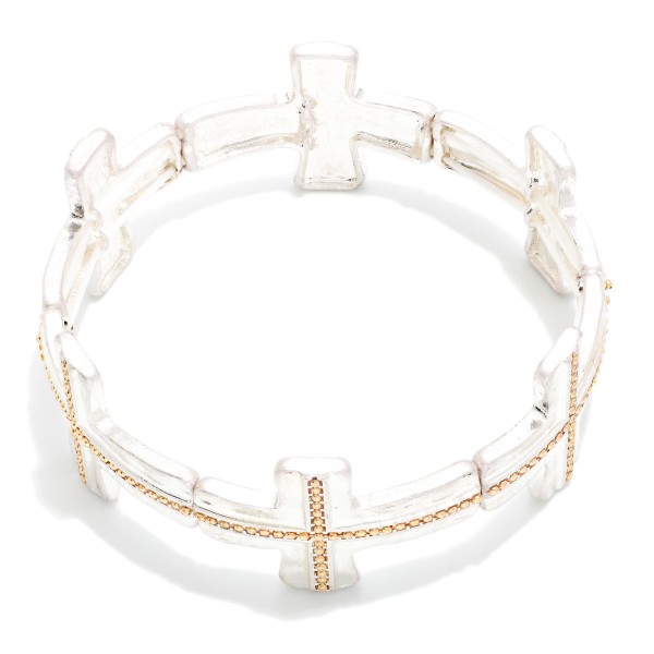 Mixed Metal Cross Stretch Bracelet featuring a series of cross links with a beaded inlay in a contrasting metal tone, strung on a comfortable stretch fit. Slides on easily with no clasp and sits flat on the wrist. A meaningful faith style that coordinates with the matching textured cross necklaces. Ideal for gifting at Easter, baptisms, and Christmas, and an easy everyday seller.