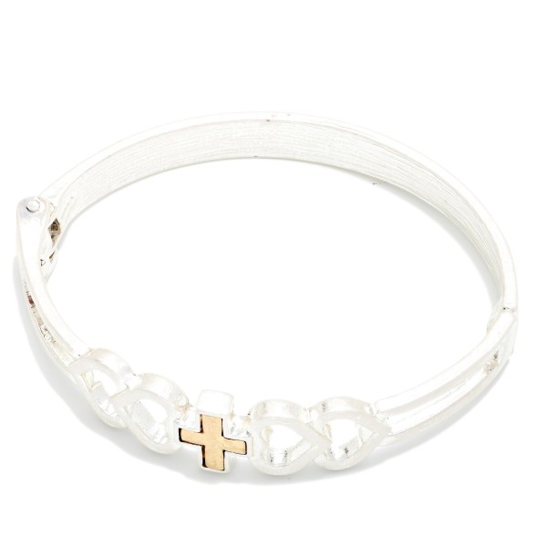 Mixed Metal Cross Hinged Bangle Bracelet featuring a polished band with an open link design and a small cross accent in a contrasting metal tone. The hinged closure opens for easy on and off and stays secure. A meaningful everyday piece that stacks well with watches and beaded bracelets. A thoughtful faith gift for Easter, baptisms, and the holidays at an accessible price.