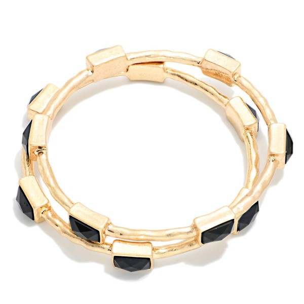 Framed Stone Station Bangle Bracelet with polished square stones set along slim wire bands for an easy stacked look. The clean framed settings give it a refined, vintage inspired finish that dresses up everyday outfits. Slips on easily and pairs well with watches and stretch styles. Offered in a wide range of stone options, it's perfect for building a coordinated bangle display and encouraging multiple purchases.